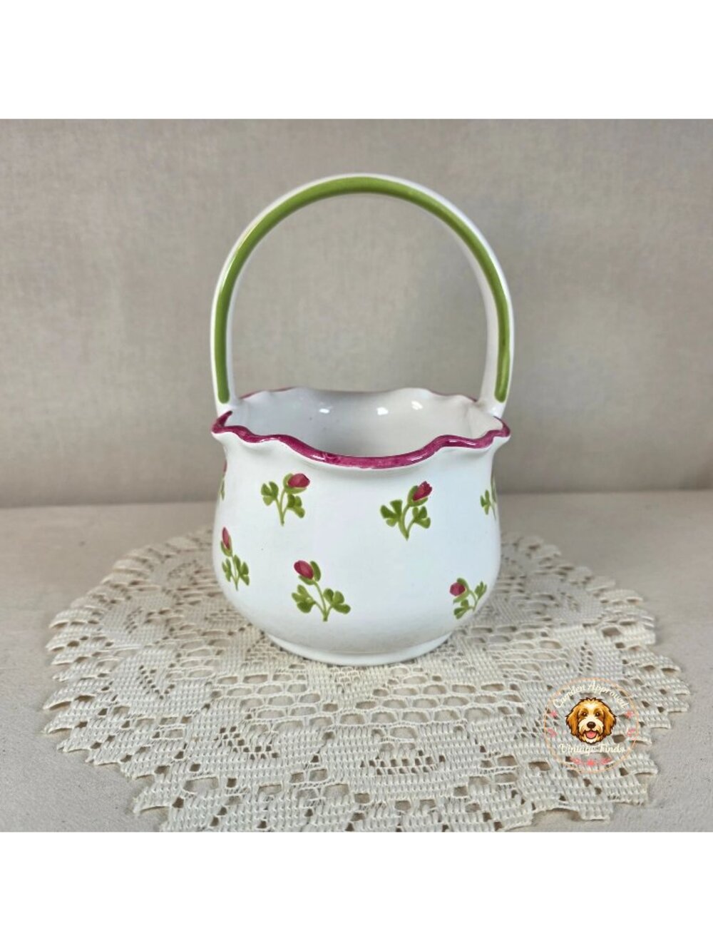 Floral Ceramic Basket With Scalloped Rim & Handle 7 1/2" Tall Hand-Painted Desig